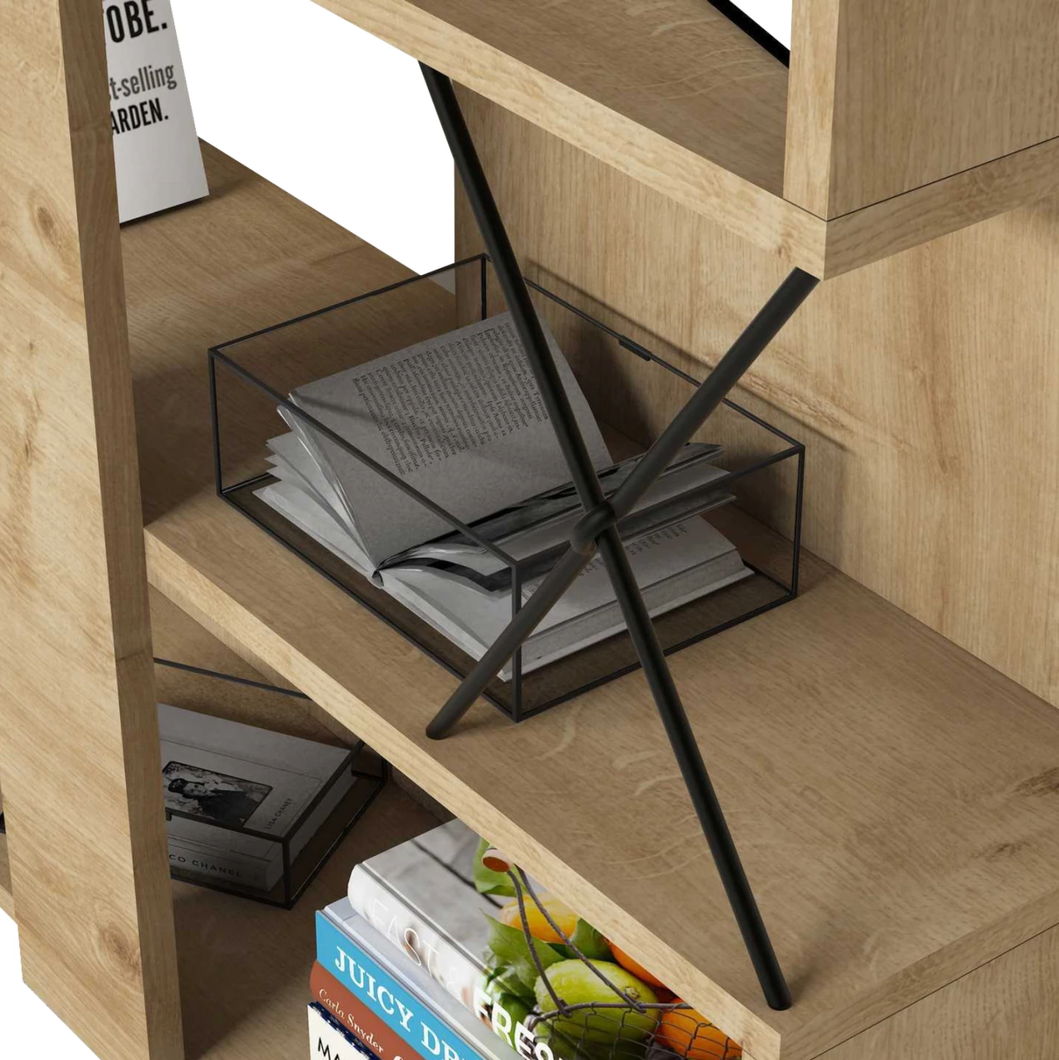 Knjižna omara iz melamina FH9496.01 naravna barva hrasta-črne kovinske noge 90x22x167.3Hcm