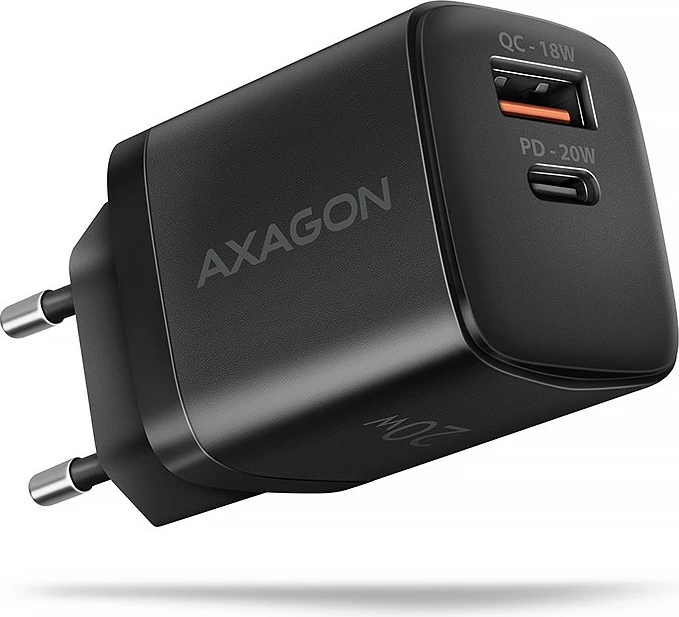 Stenski polnilec, 20 W, 2 vhoda (USB-C PD + USB-A QC), črn, AXAGON ACU-PQ20