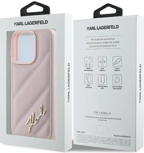 Quilted Signature ovitek Karl Lagerfeld za iPhone 16 Pro, rožnat