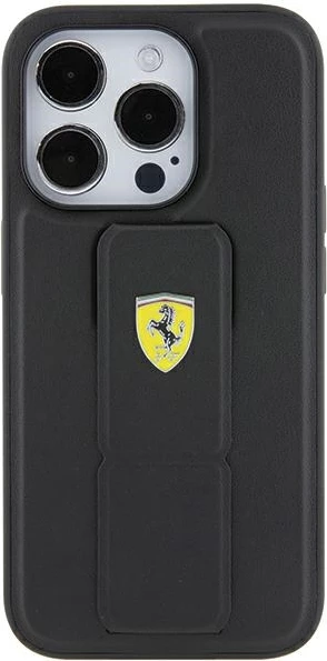 Ovitek za telefon z držalom in metalnim logotipom Ferrari za iPhone 15 Pro, črn