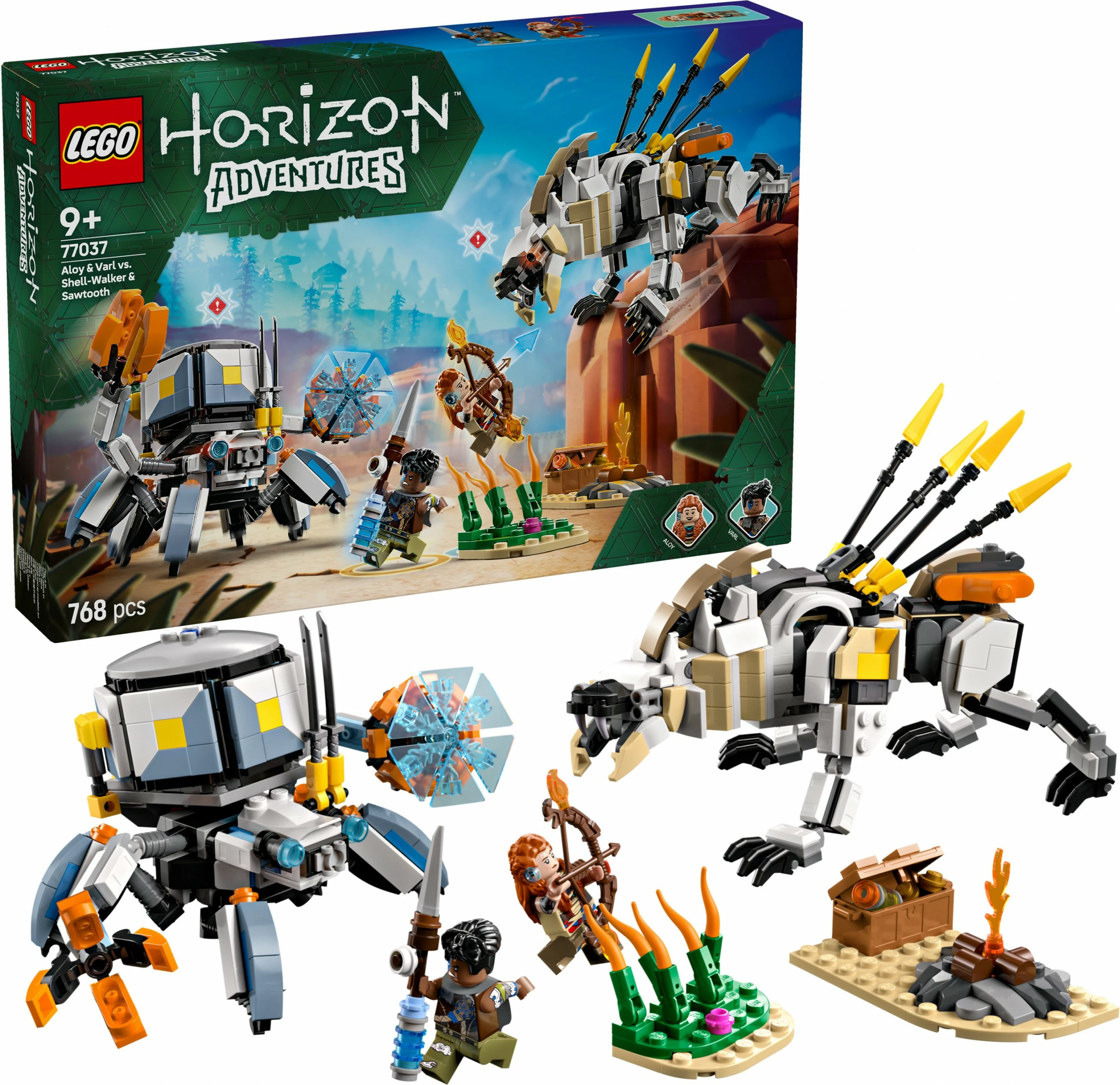 Set gradnje Horizon Adventures 77037, Aloy & Varl proti Shell-Walker & Sawtooth, 768 kosov, večbarven