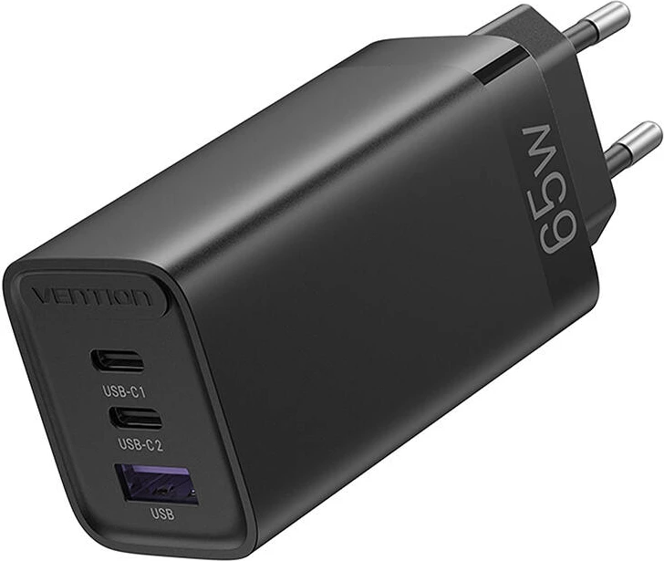 Omrežni polnilec, 3 vrata (2x USB-C, 1x USB-A), 65W, GaN, črn, Vention FEDB0-EU