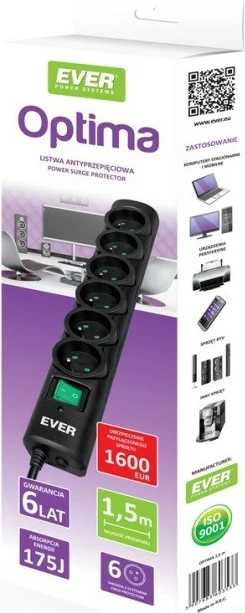 Zaščitna razdelilna vtičnica EVER Optima T/LZ08-OPT050/0000, 6 vtičev, 5 m, črna