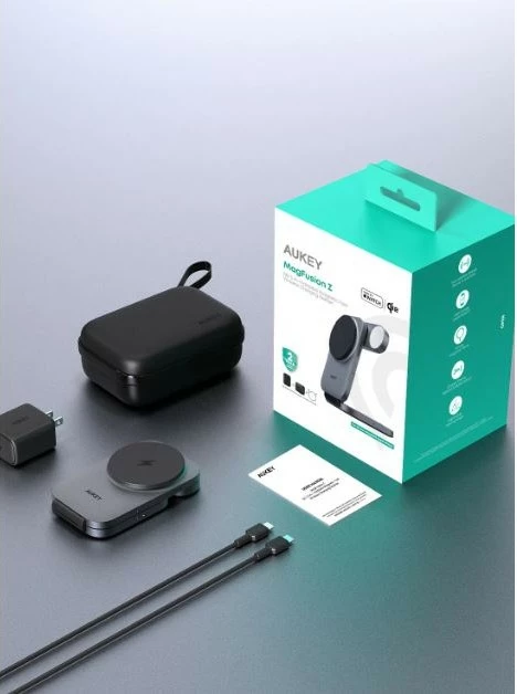 3-v-1 zložljiv polnilni stojalo AUKEY MagFusion Z, MagSafe, črn