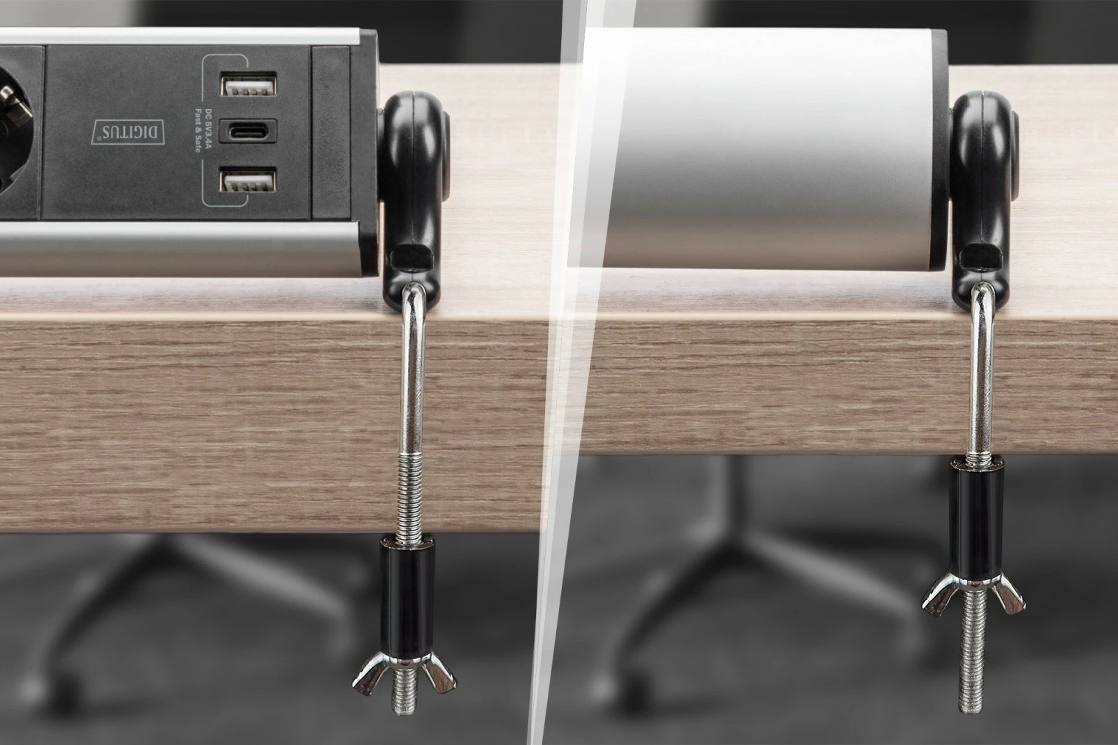 Večvtična vtičnica z aluminijastim ohišjem, 6 Schuko izhodov, 2x USB-A, 1x USB-C, s sponko, črno/srebrna — Digitus DA-70624