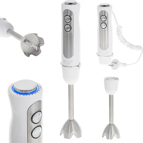 Palični mešalnik, Adler AD 4625, 850 W (1500 W max), 5 hitrosti + Turbo, inox noga, kabel 1,8 m, bel