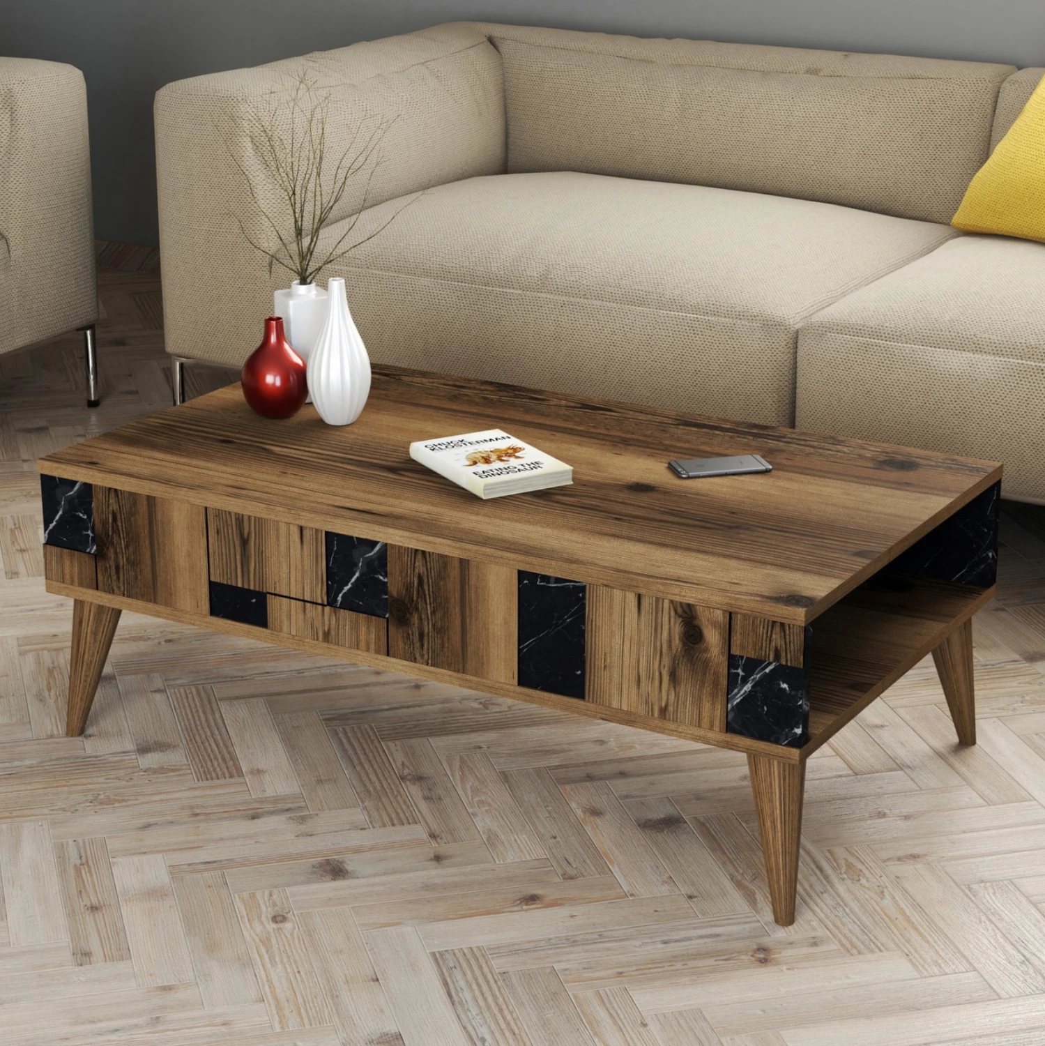 Klubska miza FH9504.02 iz melamina v videzu oreha in črnega marmorja 105x60x37,6 cm