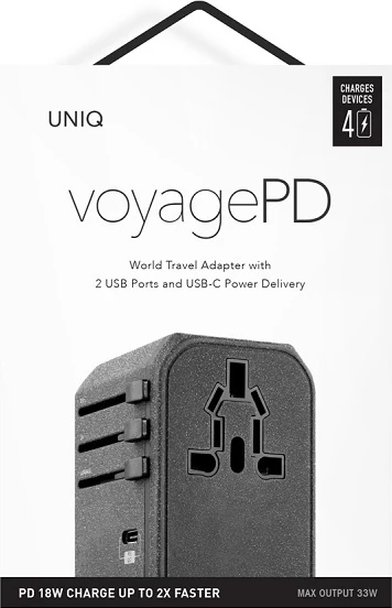 Univerzalni potovalni adapter UNIQ Voyage LITHOS Collective 33W, 2xUSB PD 18W QC 3.0, siv