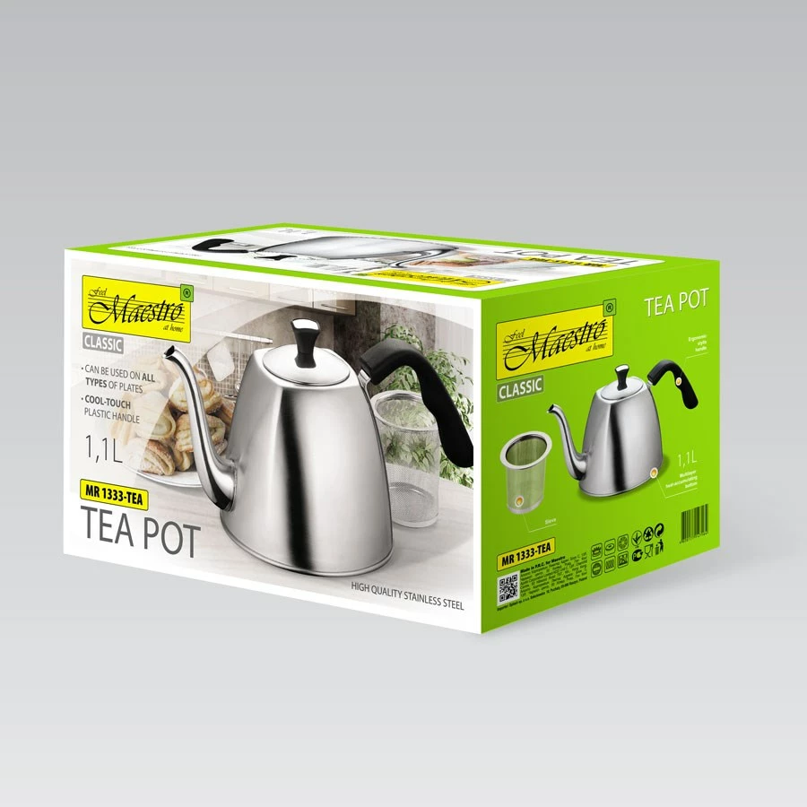 Čajnik 1,1 L, inox, s plastičnim ročajem Maestro MR-1333-Tea, srebrn