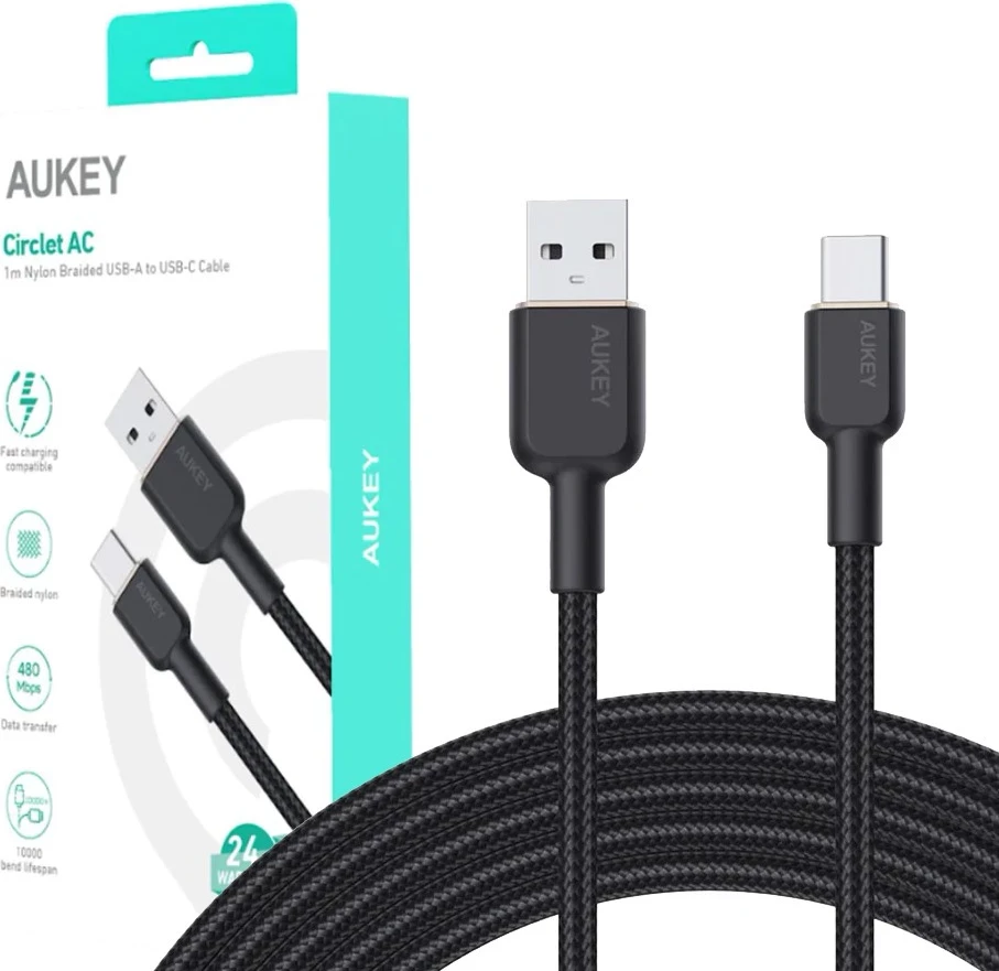 Kabel USB-C Power Delivery 60W 3A, 1 m, najlon, črn AUKEY CB-NAC1