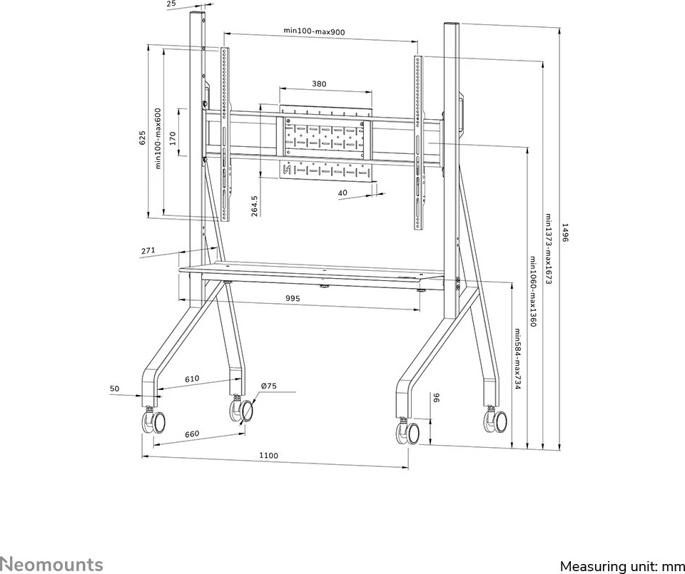 Mobilna multimedijska voziček za TV 55-86", Neomounts FL50-525BL1, nastavljiva višina, polica, črna Mobilna multimedijska voziček za TV 55-86", Neomounts FL50-525BL1, nastavljiva višina, polica, črna