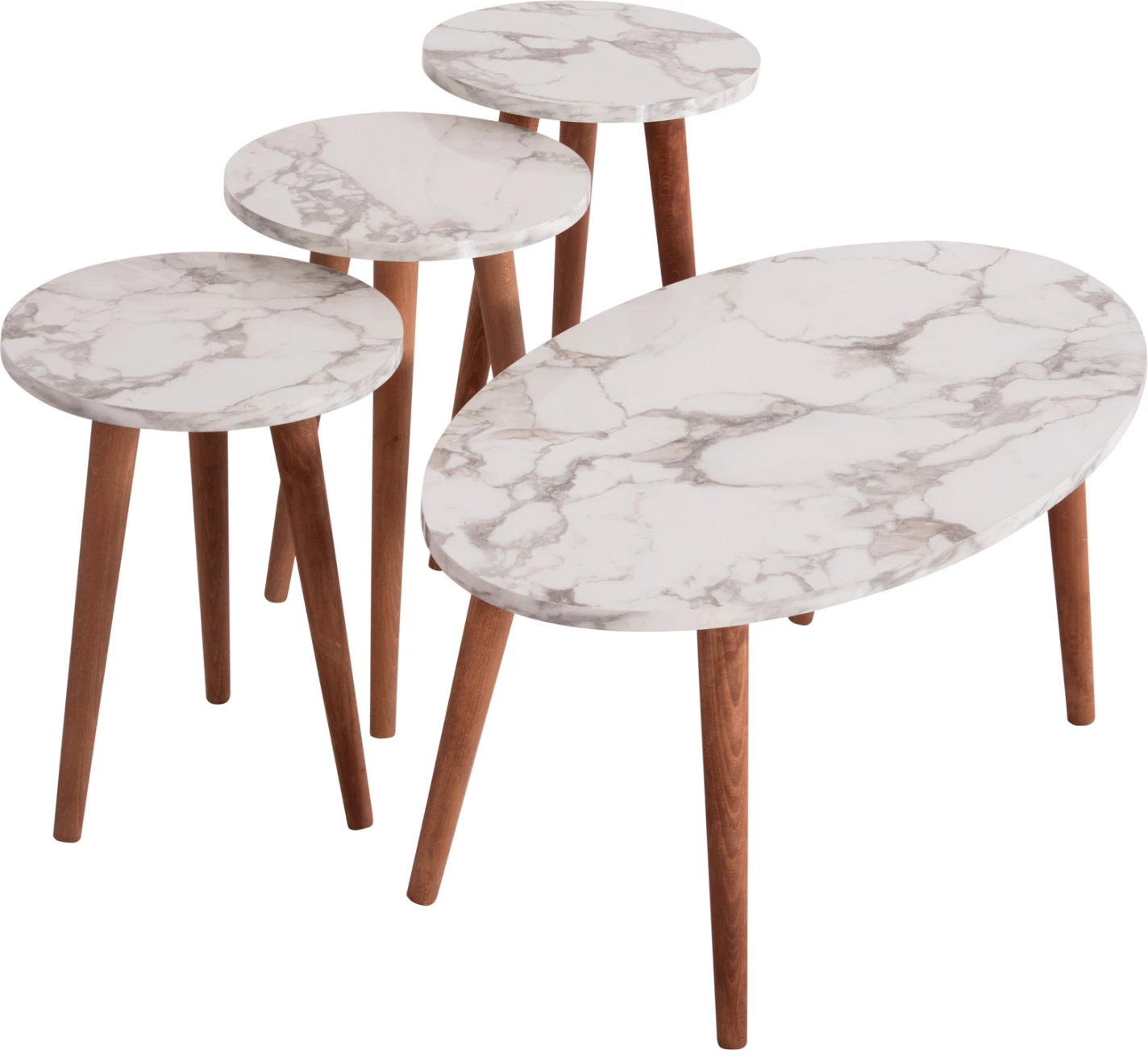 Set klubske mize in 3 stranske mize VITAL FH18180.03 melamin v beli marmor-lesene noge v orehu