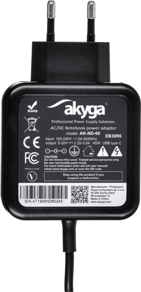 USB-C polnilec Akyga AK-ND-60, črno