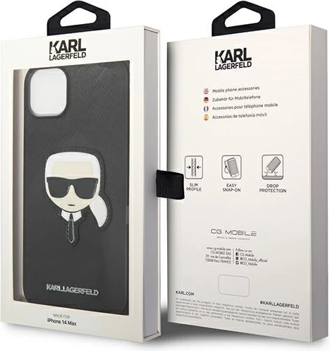 Ovitek za iPhone 14 Plus 6,7", trdo ohišje, Saffiano 'Karl's Head' patch, črn - Karl Lagerfeld KLHCP14MSAPKHK