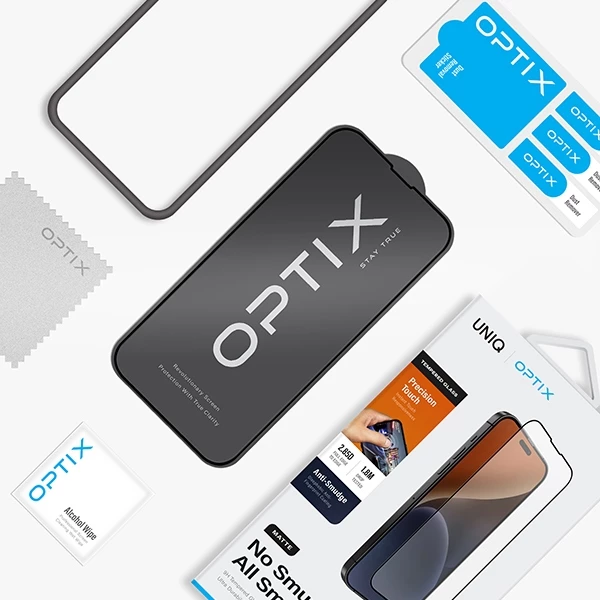 Zaščitno mat kaljeno steklo za zaslon, UNIQ Optix Matte za iPhone 15 Plus / 14 Pro Max, z montažnim kompletom