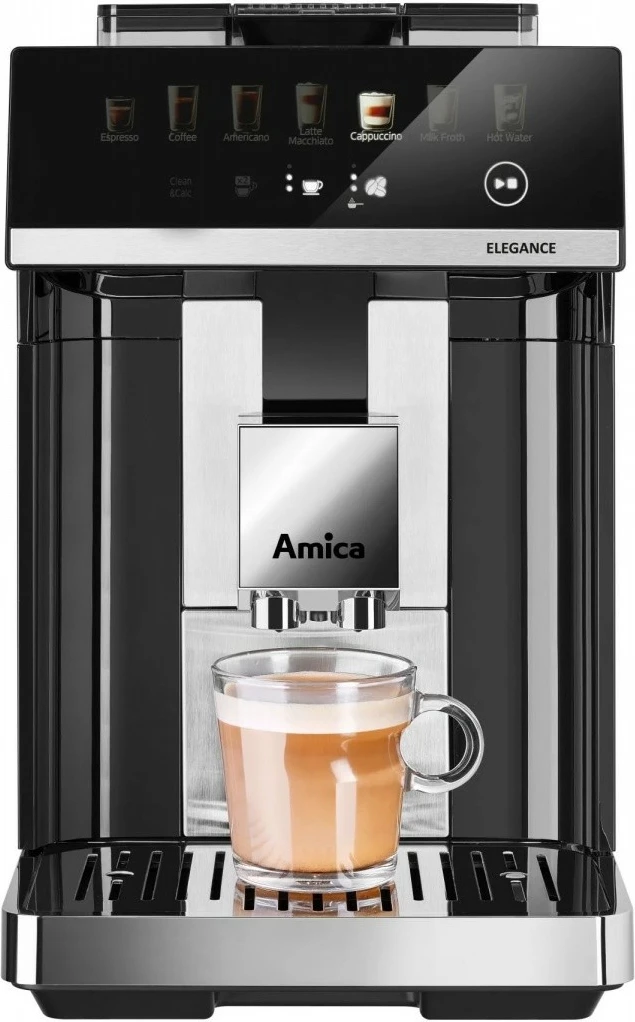 Aparat za espresso, 15 bar, 1725 W, jekleni mlinček 5 stopenj, rezervoar za vodo 1,8 L, zbiralnik za kavo 250 g, mlečni sistem, črn, Amica Elegance CM 7011