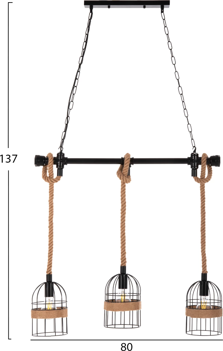 Stropna viseča svetilka s 3 lučmi FH4180 črna kovina-naravna konopljina vrv 80x14,5x137H cm