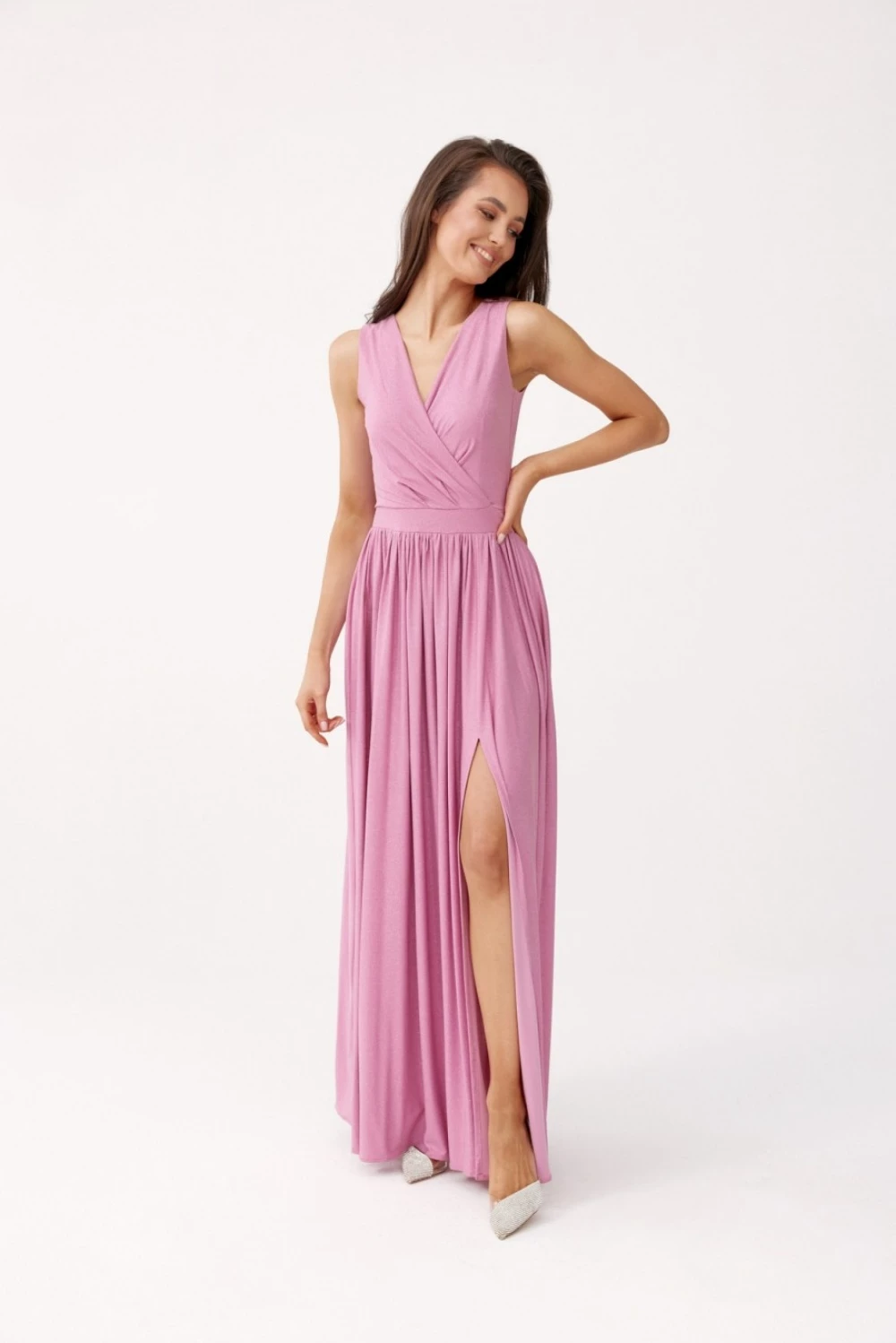 Dolga brokatska obleka z zavezovanjem na hrbtu Roco Fashion 183766, roza