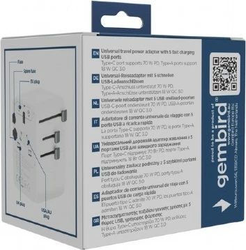 Univerzalni potovalni adapter, Gembird TPA-2A3C70-01-W, 70 W GaN, USB-C PD + USB-A QC, univerzalna AC vtičnica, bela