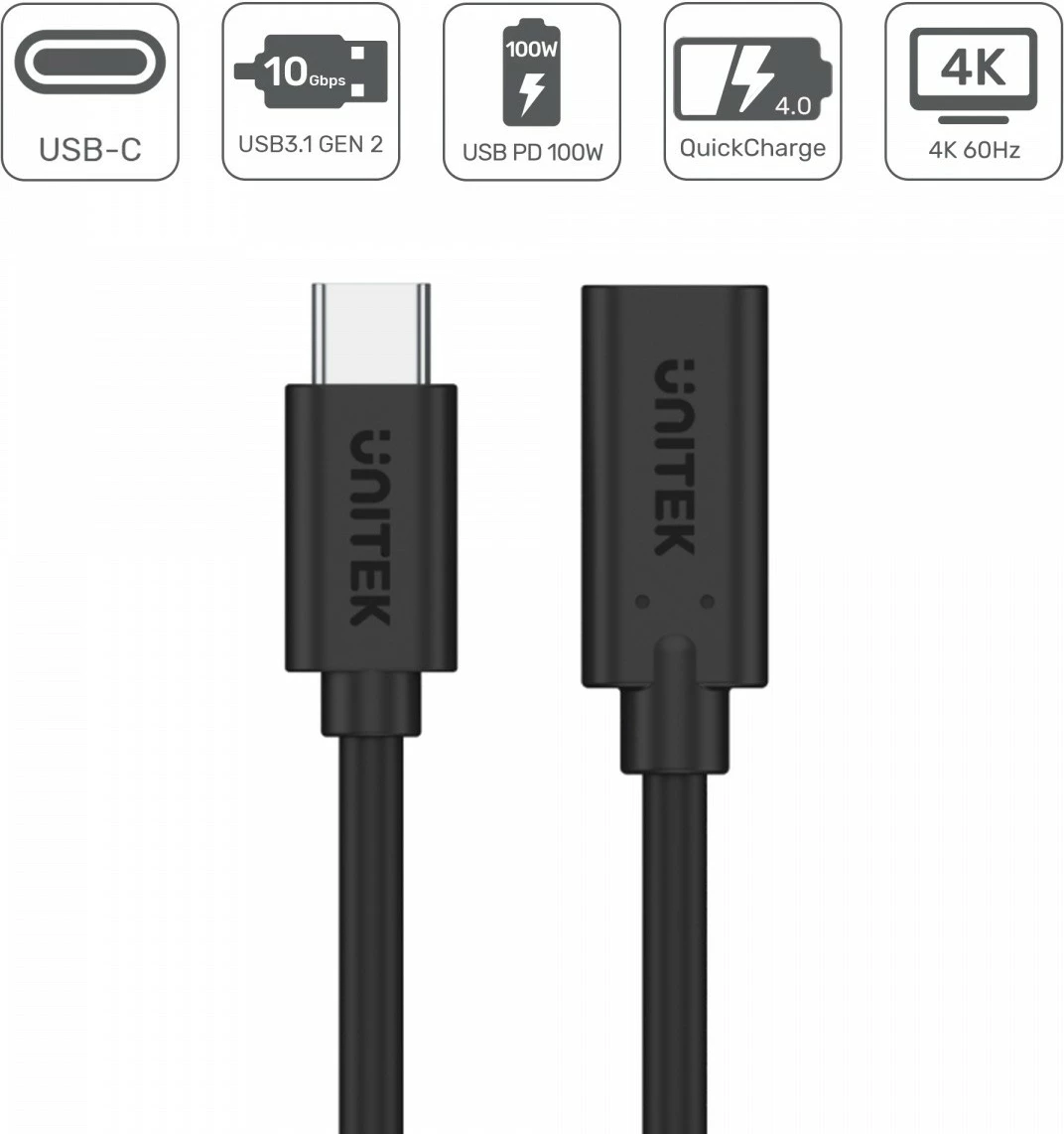 Podaljševalni kabel USB-C, 1,5 m, 100 W, 10 Gbps, 4K, črn, Unitek C14086BK-1.5M