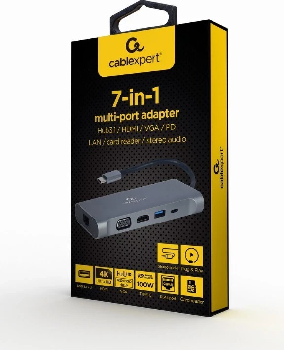 Kompakten USB hub Gembird A-CM-COMBO7-01, USB 3.2 Gen, siv