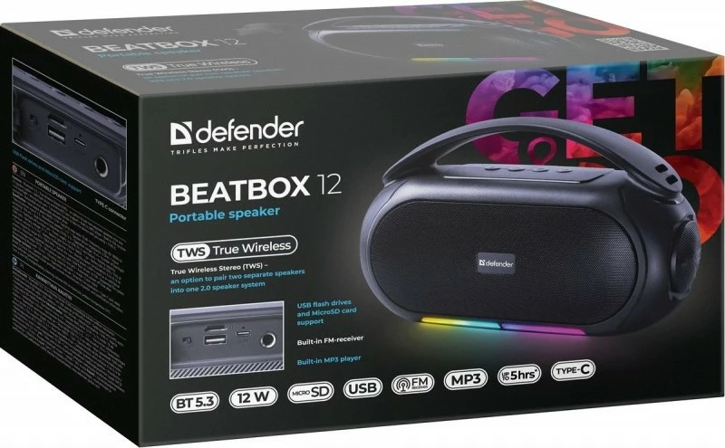 Prenosni zvočnik BEATBOX 12, Defender, Bluetooth, 16W, LED, črn