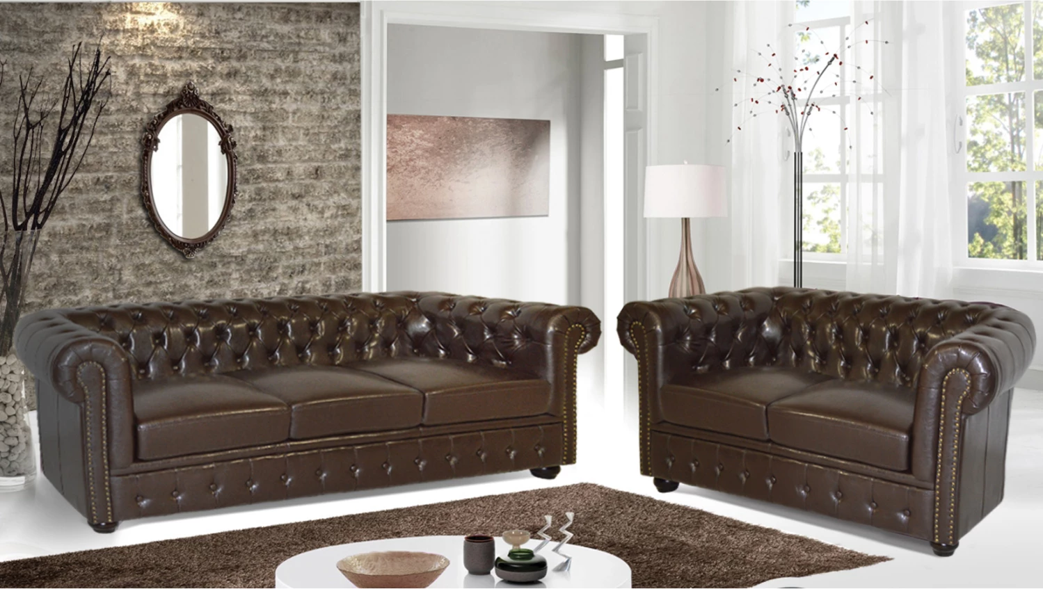 Komplet kavčev 2-sedežni & 3-sedežni Chesterfield temno rjavi