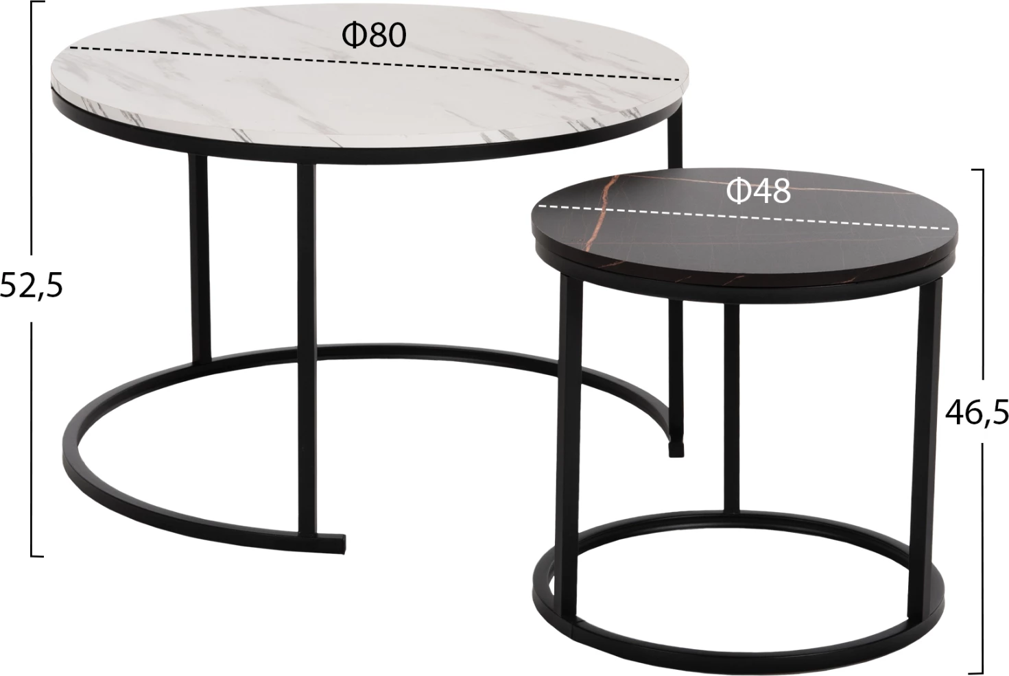 Klubska mizica FH8763.14 2-delni set MDF v videzu marmorja mešane barve s črnimi nogami Φ80-Φ48cm