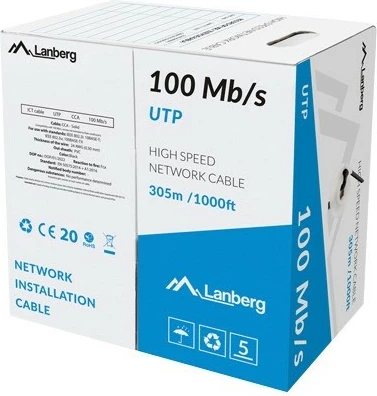 Omrežni kabel UTP Lanberg LCU5-10CC-0305-BK, 305 m, 100 Mb/s, črn
