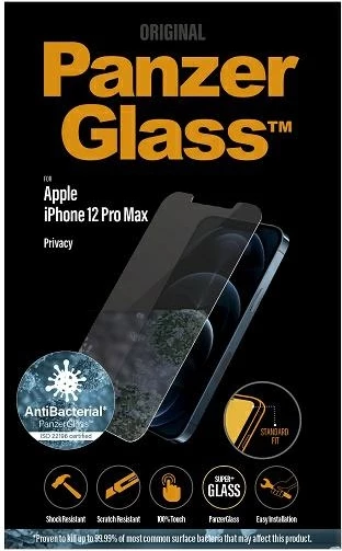 Zaščitno steklo PanzerGlass Standard Super+ za iPhone 12 Pro Max, antibakterijsko, za zasebnost