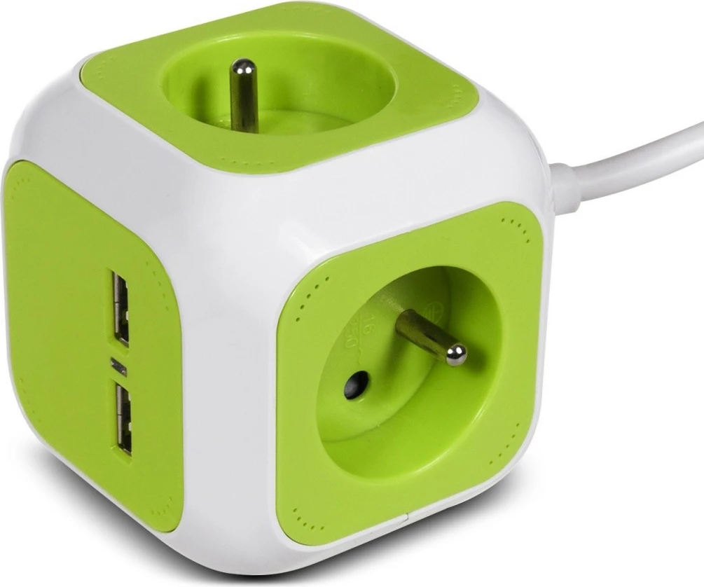 Večvtičnica z USB GreenBlue MagicCube GB118, 4 vtiči, 2× USB, 1,4 m, bela/zelena