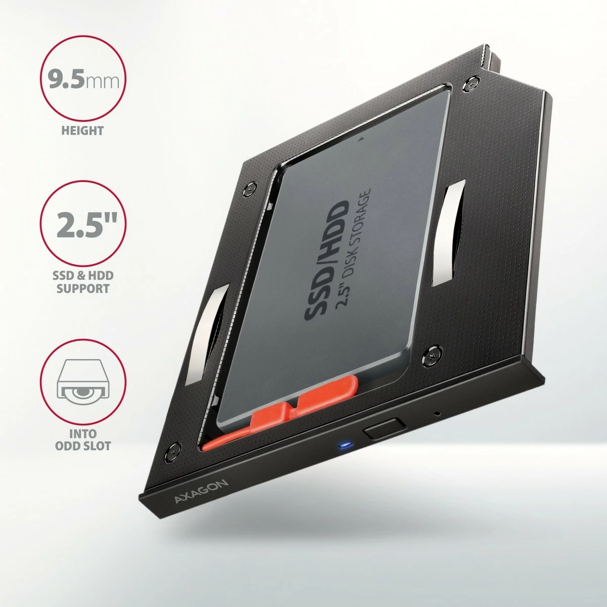 Računalniško ohišje za SSD/HDD 2,5" za ležišče DVD 9,5 mm, alumin, črno — AXAGON RSS-CD09 Računalniško ohišje za SSD/HDD 2,5" za ležišče DVD 9,5 mm, alumin, črno — AXAGON RSS-CD09