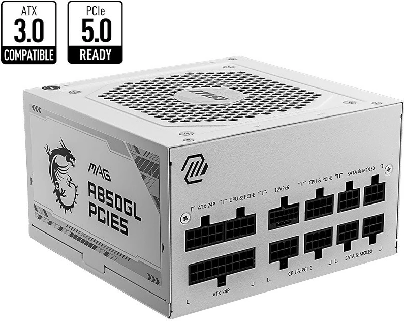 Modularen napajalnik 850W, 80 PLUS Gold, ATX 3.0, PCIe 5.0, bel, MSI MAG A850GL PCIE5