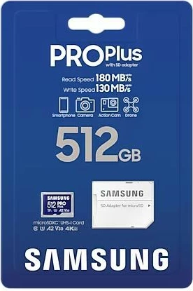 Pomnilniška kartica microSD Samsung PRO Plus, 512 GB, z adapterjem SD