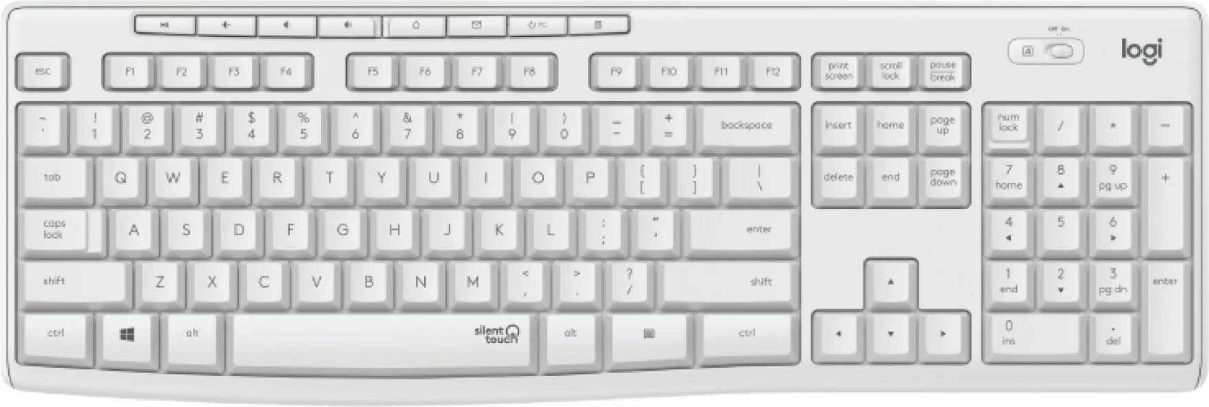 Komplet miške in tipkovnice, Logitech MK295 Silent Wireless, polne velikosti, RF 2.4 GHz, QWERTY, bela