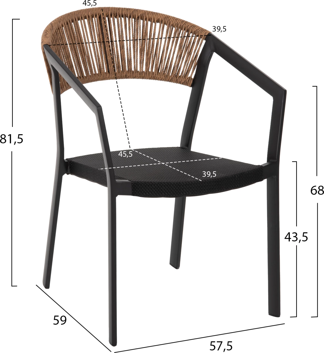 Stol iz aluminija FH5891.05 črni okvir in tekstilna tkanina - naslon iz bež ratana 57,5x59x81,5Hcm