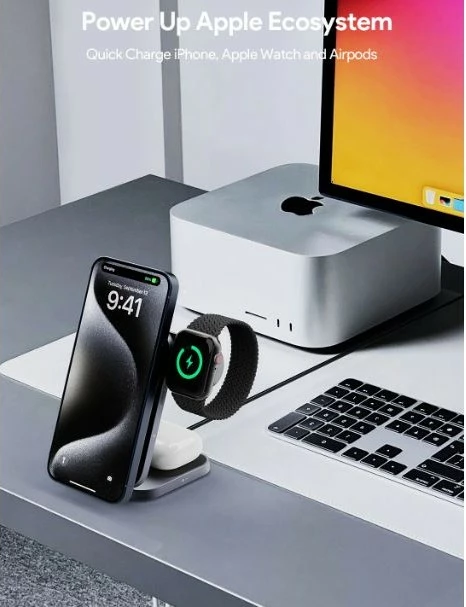 3-v-1 zložljiv polnilni stojalo AUKEY MagFusion Z, MagSafe, črn