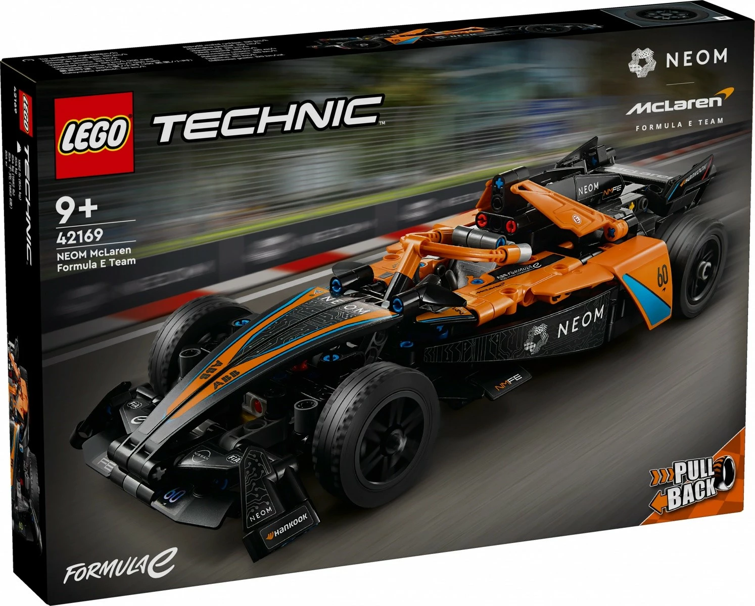 Dirkalnik NEOM McLaren Formula E, LEGO Technic 42169, 452 kosov, pull-back, za otroke 9+, oranžno/črn