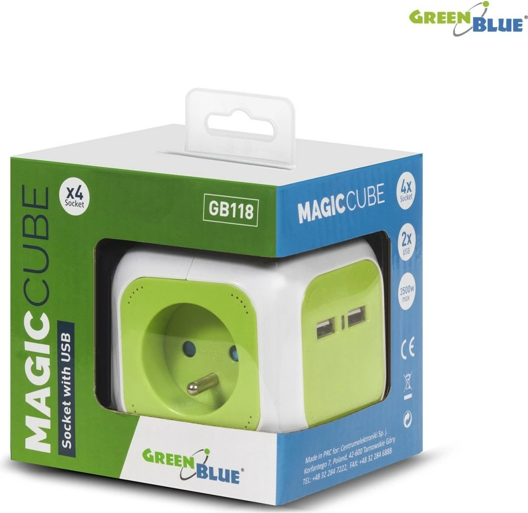 Večvtičnica z USB GreenBlue MagicCube GB118, 4 vtiči, 2× USB, 1,4 m, bela/zelena