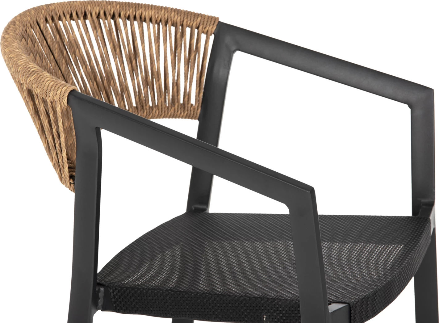 Barski stol iz aluminija črne barve FH5892.15 srednje višine črna tekstilna tkanina in bež ratan 56,5x57x99,5 cm