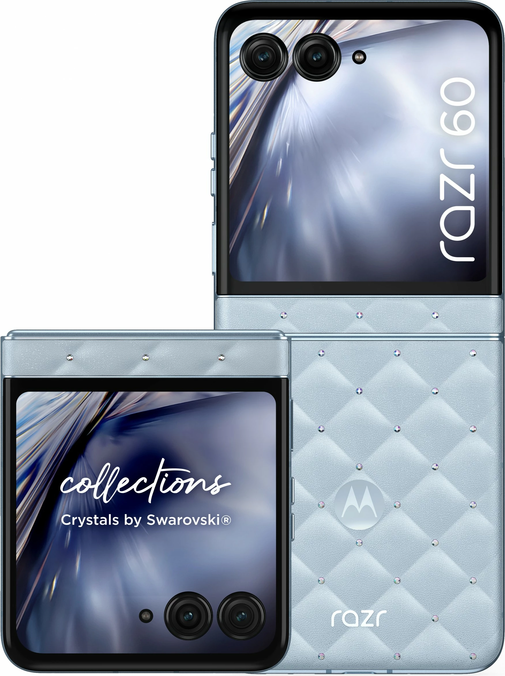 Zložljiv pametni telefon z luksuznim Swarovski dizajnom Motorola razr60 + slušalke Buds Loop, Swarovski Edition, moder