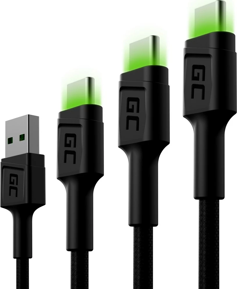 Komplet kablov USB-C z zeleno LED osvetlitvijo, Green Cell GC Ray 3x, 30 cm, 120 cm, 200 cm, hitro polnjenje
