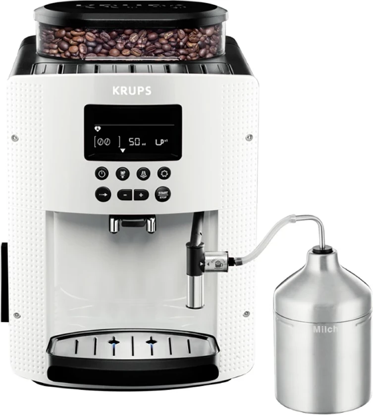 Kavni aparat z nastavitvijo stopnje mletja in programom čiščenja Krups EA8161, bel
