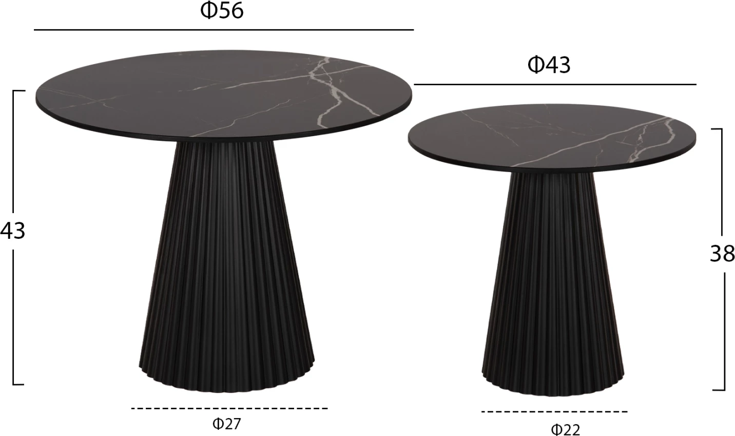 Klubske mizice 2 kosa DIEN FH9926 kovinska podnožja in keramična plošča-črna Φ56&Φ43 cm
