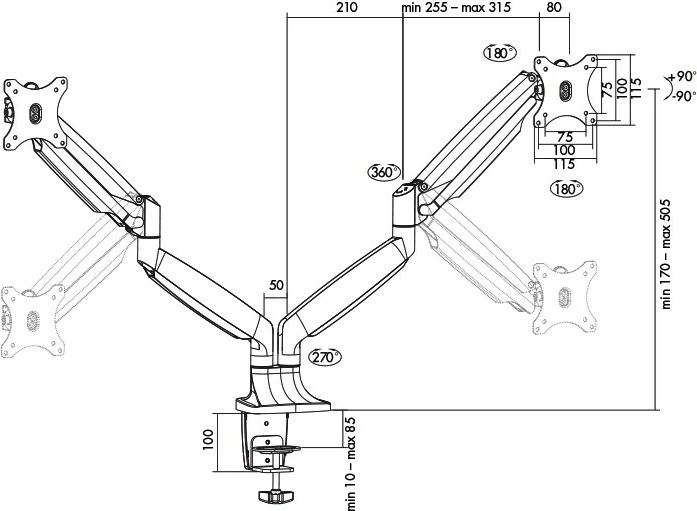 Držalo za 2 monitorja LogiLink BP0043, 13–32 palcev, 2x9 kg, VESA, črno/srebrno
