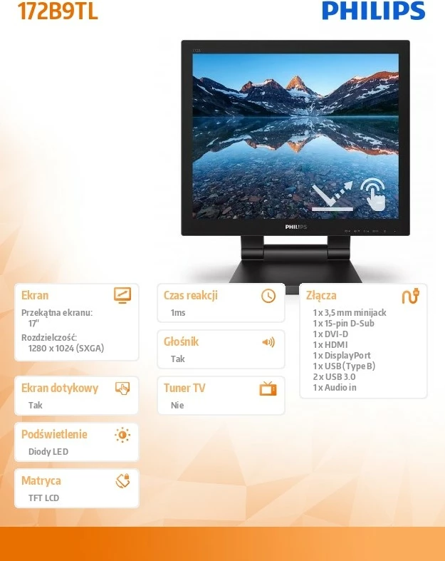 Zaslon na dotik 17" Philips 172B9TL, LED, HDMI, DP, DVI, črn