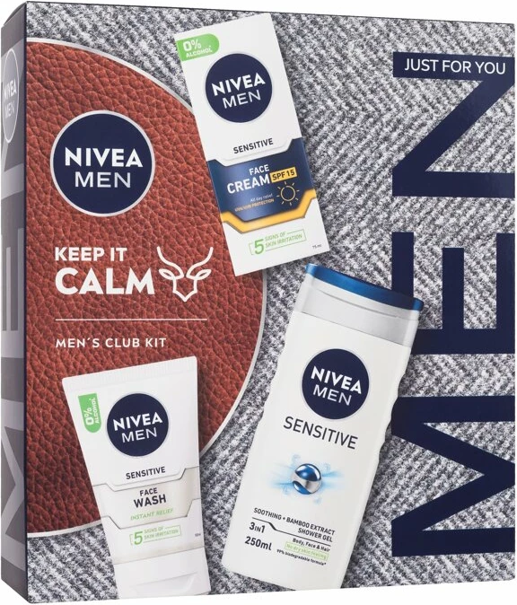 Set za nego kože Nivea Men Sensitive krema za obraz SPF15 75 ml + peno za umivanje obraza Men Sensitive 100 ml + pomirjujoč tuš gel z izvlečkom bambusa 250 ml za moške