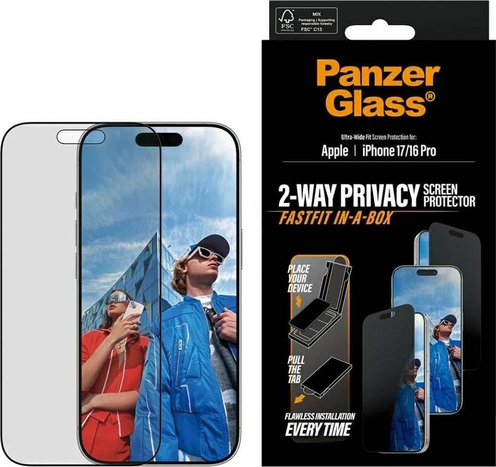 Zasebno zaščitno steklo PanzerGlass Ultra-Wide Fit Fastfit za iPhone 16 Pro/17, črno