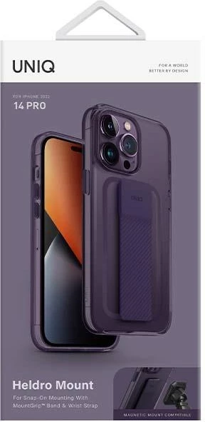 Zaščitni ovitek z držalom UNIQ Heldro Mount za iPhone 14 Pro, s trakom FlexGrip, pokrov kamere, vijoličen