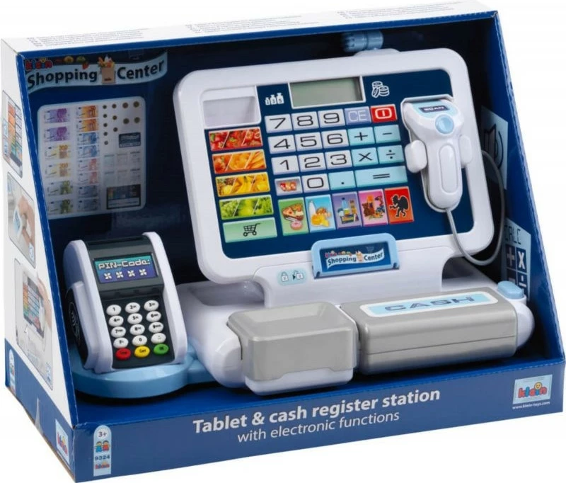 Igralna elektronka blagajna z blagajnim terminalom in čitalcem Klein 9324, srebrna in bela, komplet za otroke